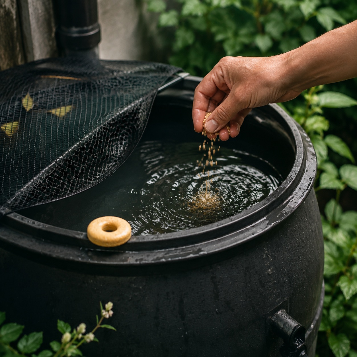 Hand sprinkling Bti granules into a mesh-lidded rain barrel, briquette on rim