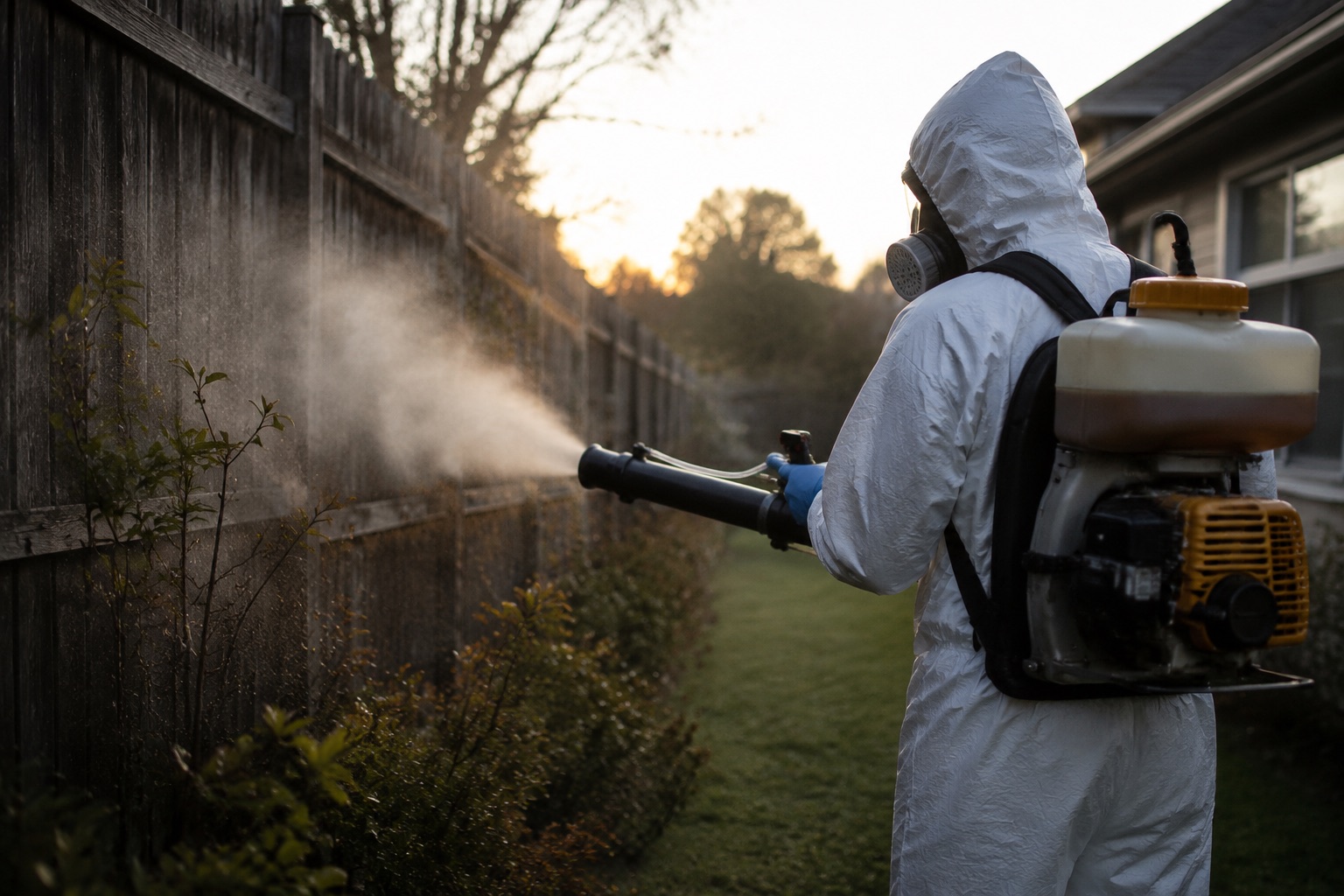 Operator applying backyard cold-mist treatment along fence at dawn