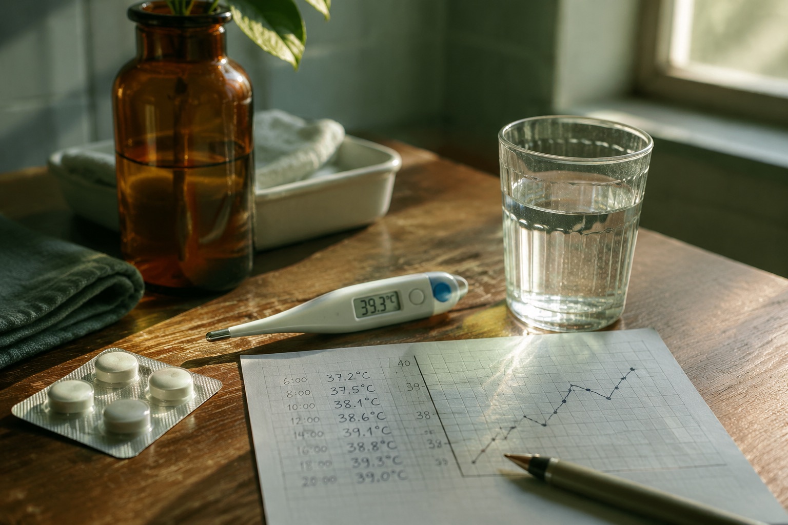 Kitchen table as fever log station: thermometer, water, chart