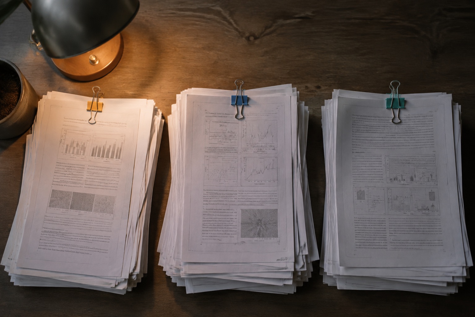 Three stacks of papers with distinct binder clips on a desk, top-down