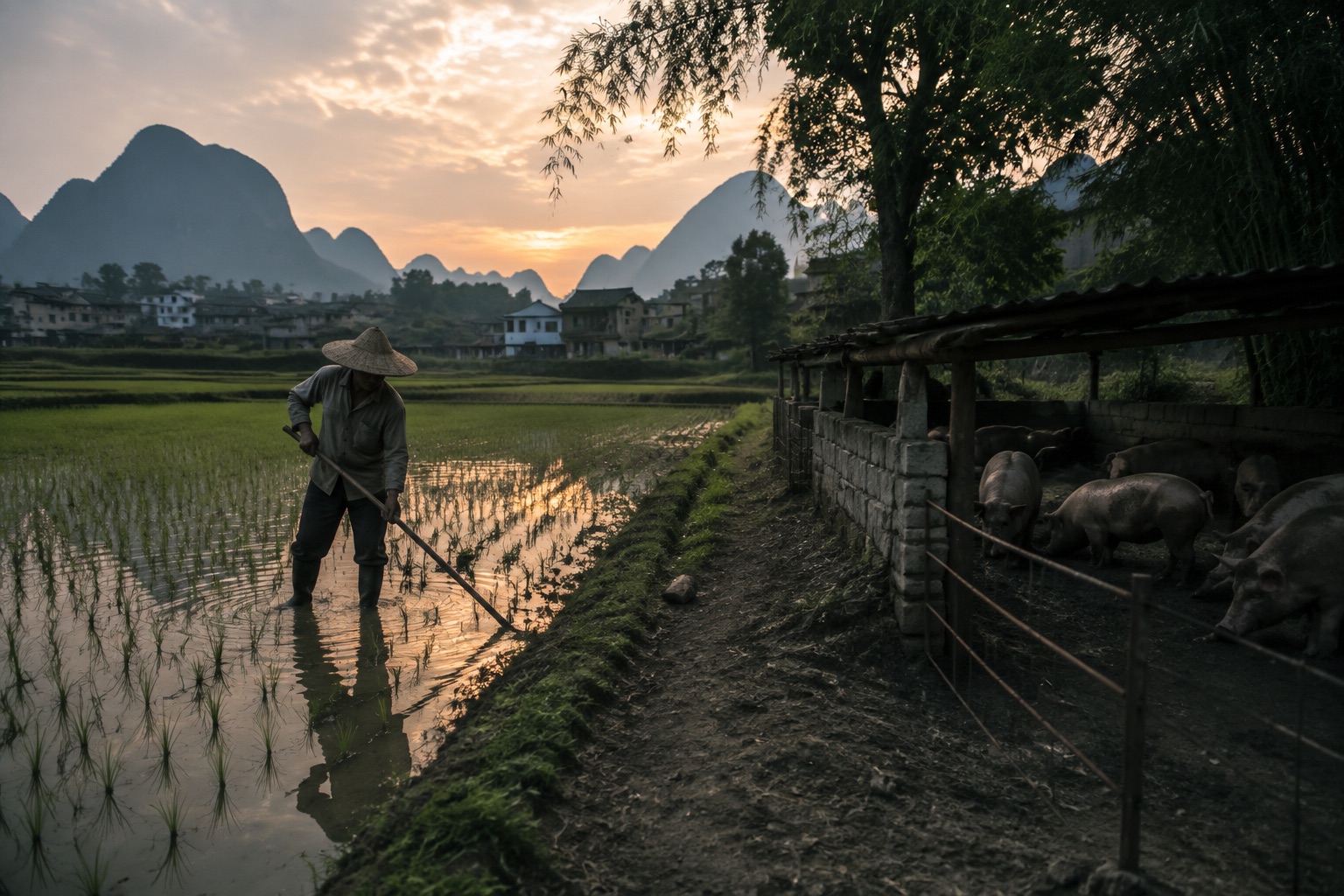 Farmer in long sleeves at rice paddy edge at dusk, pig pen beyond