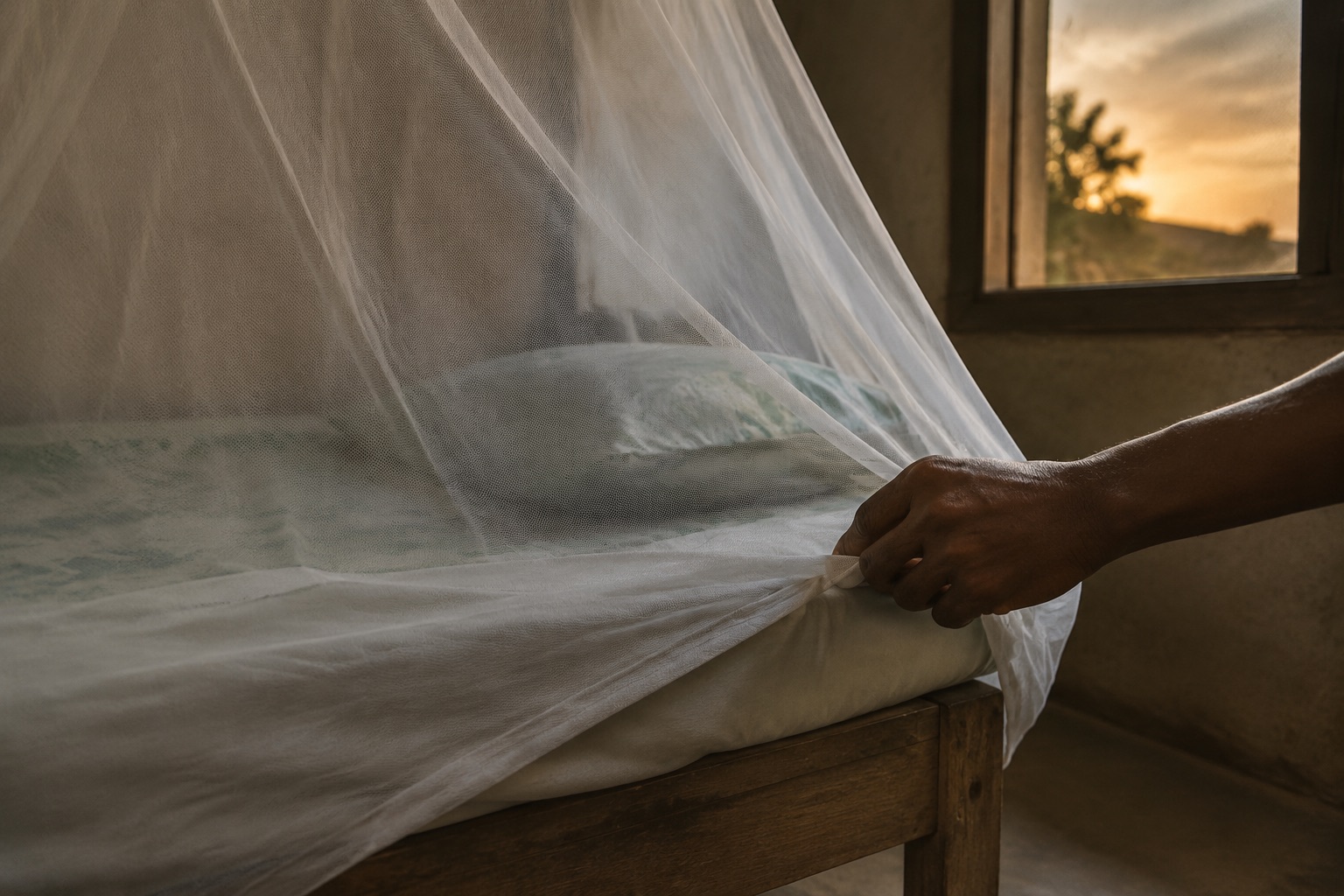 Hand tucking insecticide-treated bed net under mattress at dusk