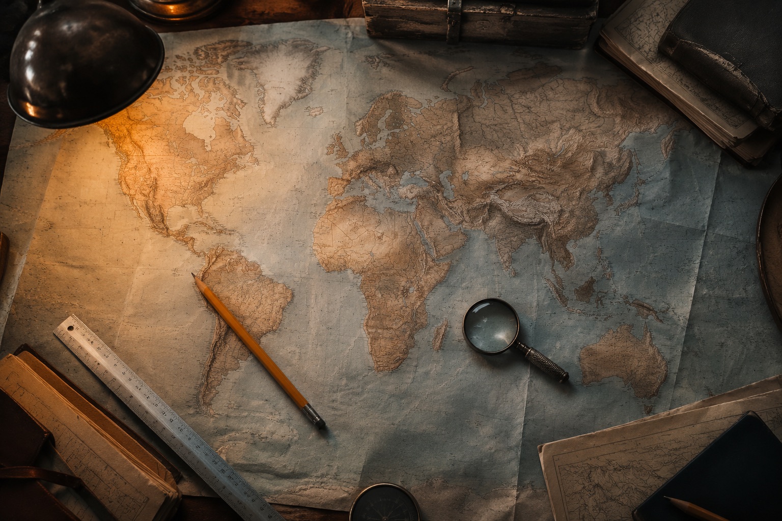 Paper world map on a desk with pencil, ruler and magnifier