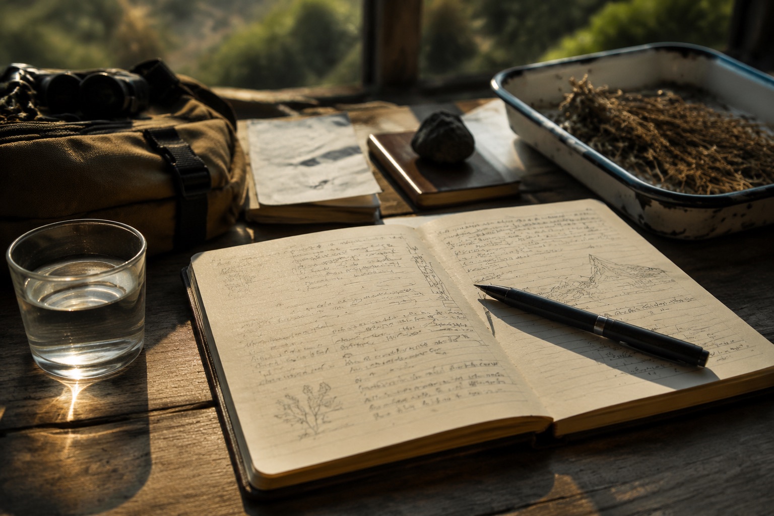 Field notebook with pen resting on page, water cup beside