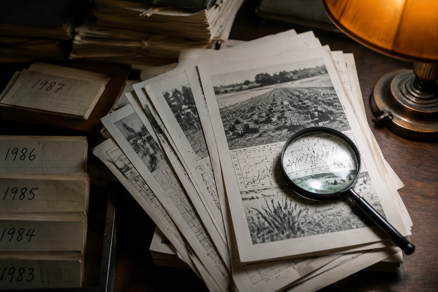 Archive desk with trial reports fanned out, magnifying glass, index cards