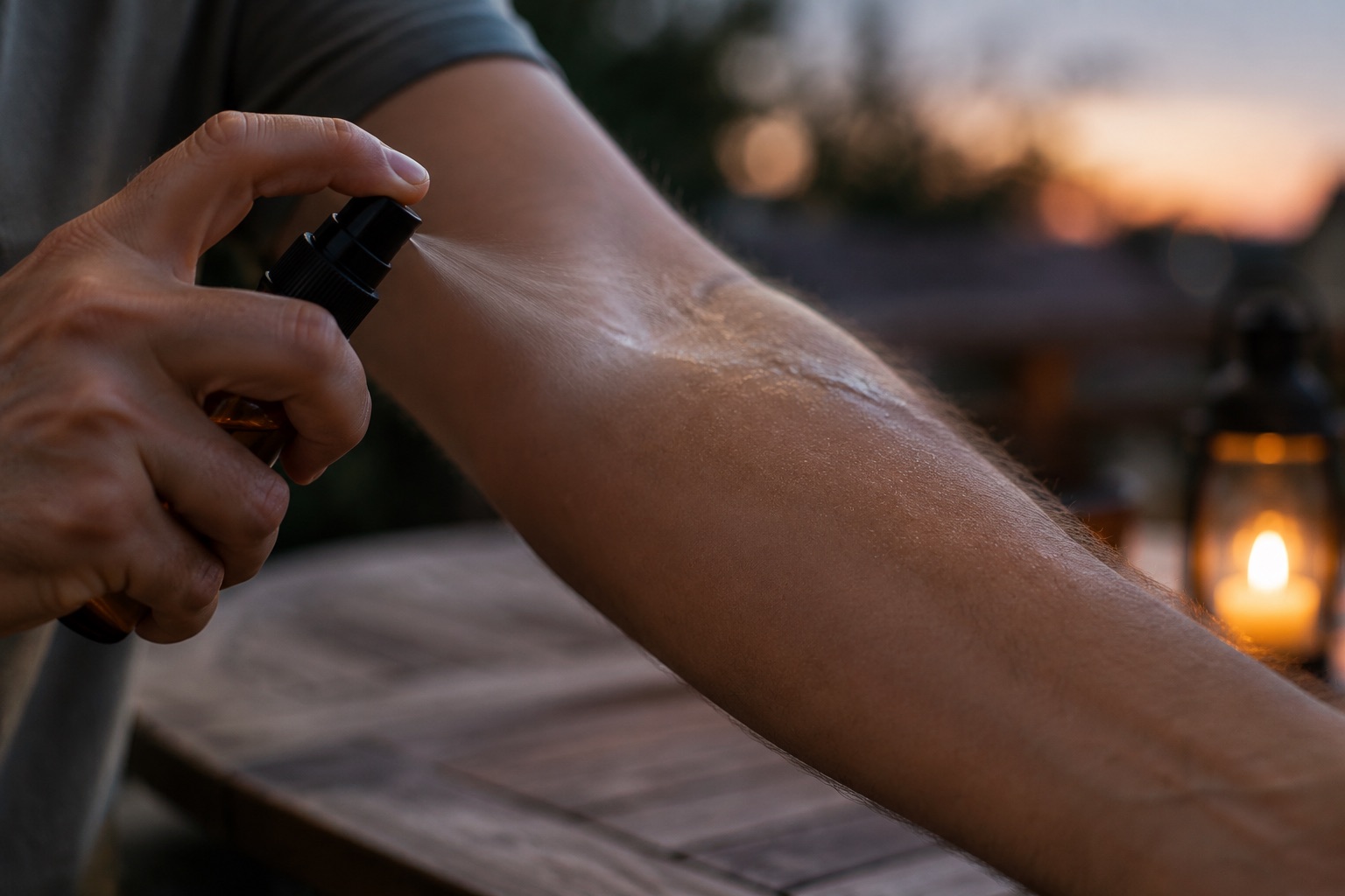 Forearm with thin even layer of pump-spray repellent, light sheen
