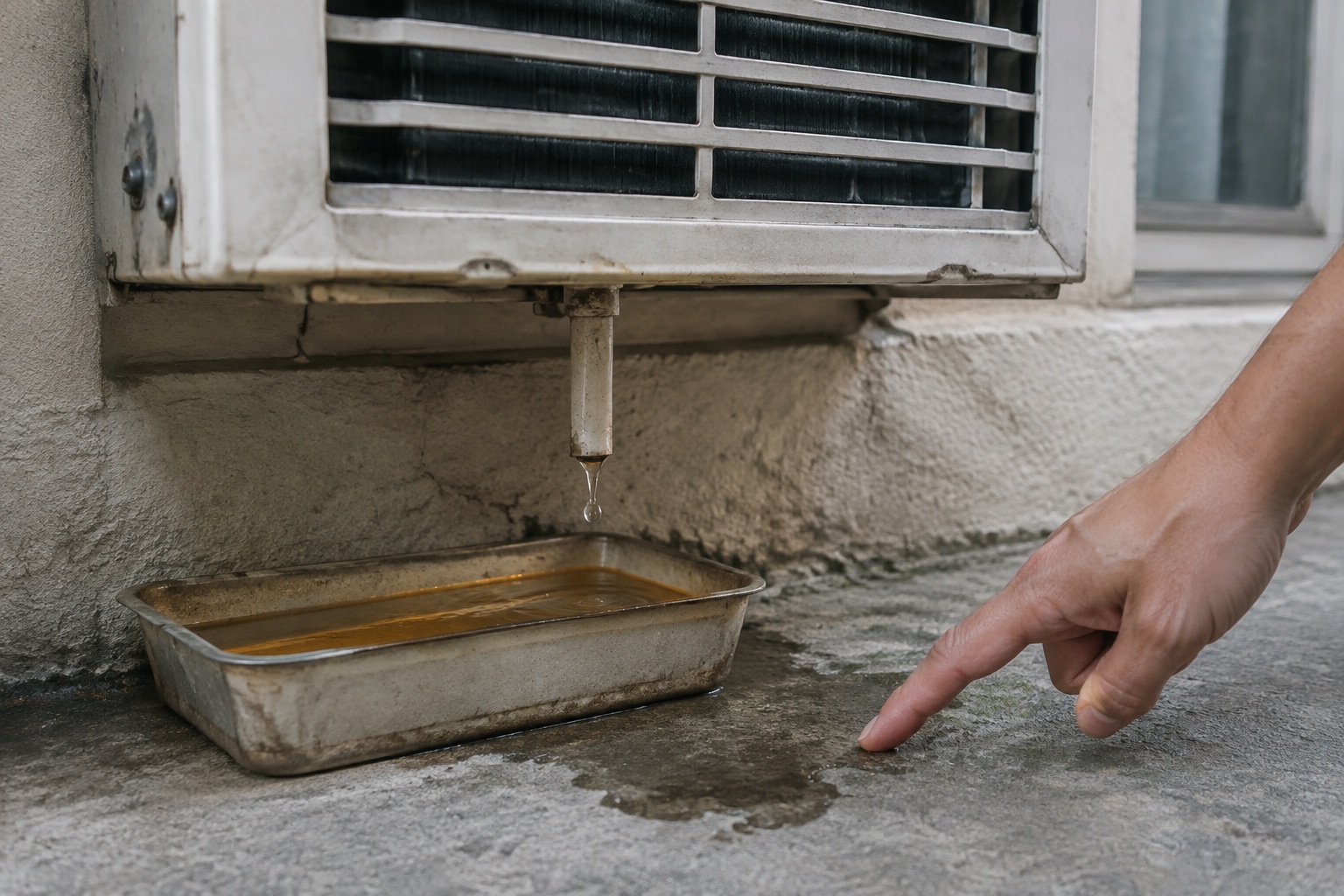 AC unit with condensate line ending in damp patch, shallow pan half-full