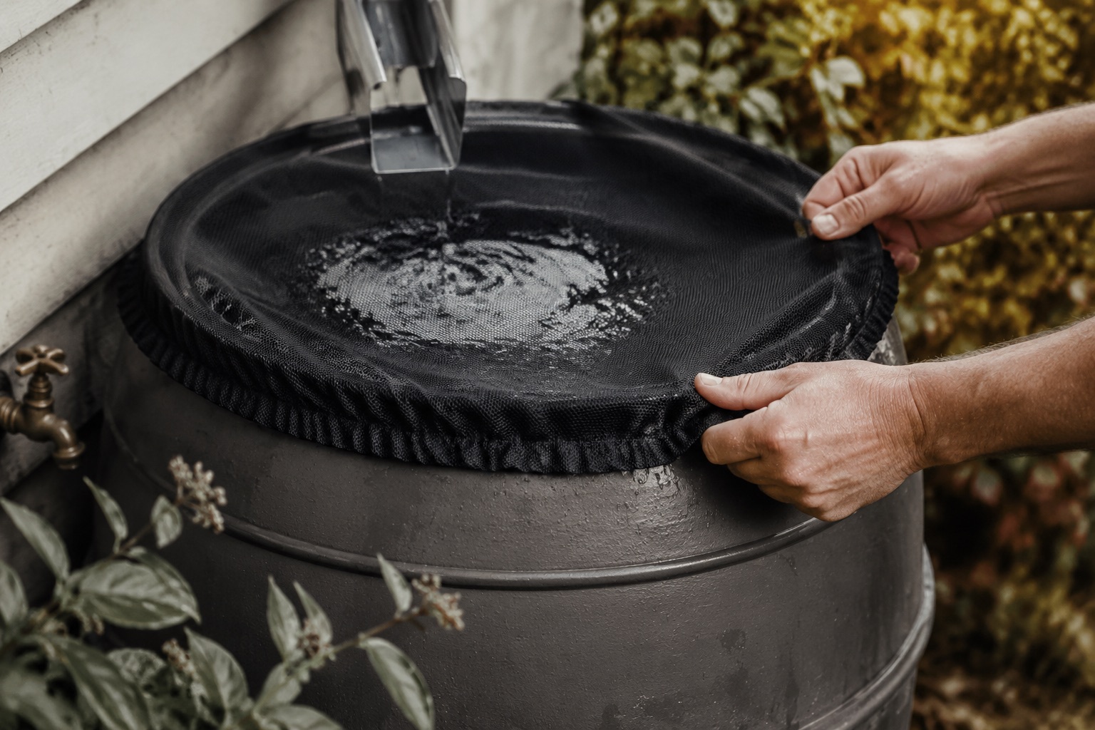 Rain barrel with mesh screen lid being pressed over rim, downspout above