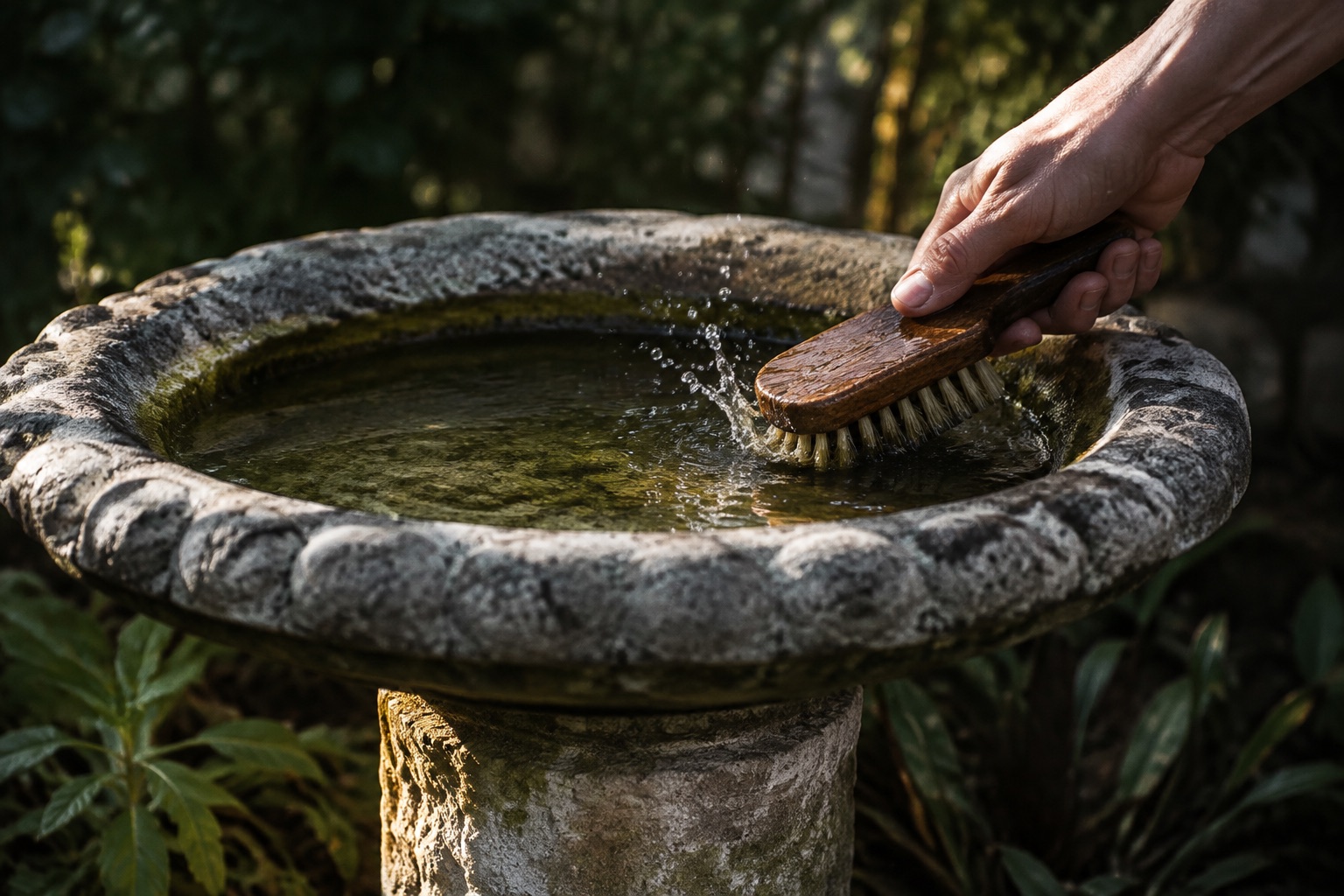 Stone birdbath with green water, brush scrubbing the waterline ring