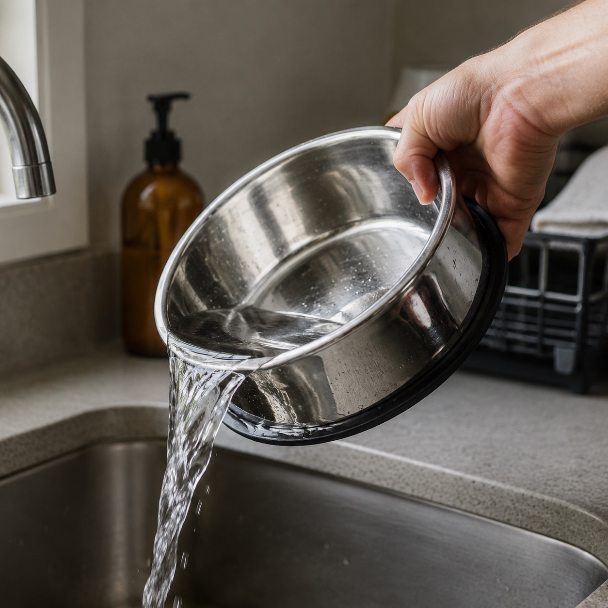 Steel pet bowl being emptied into kitchen sink, water mid-pour