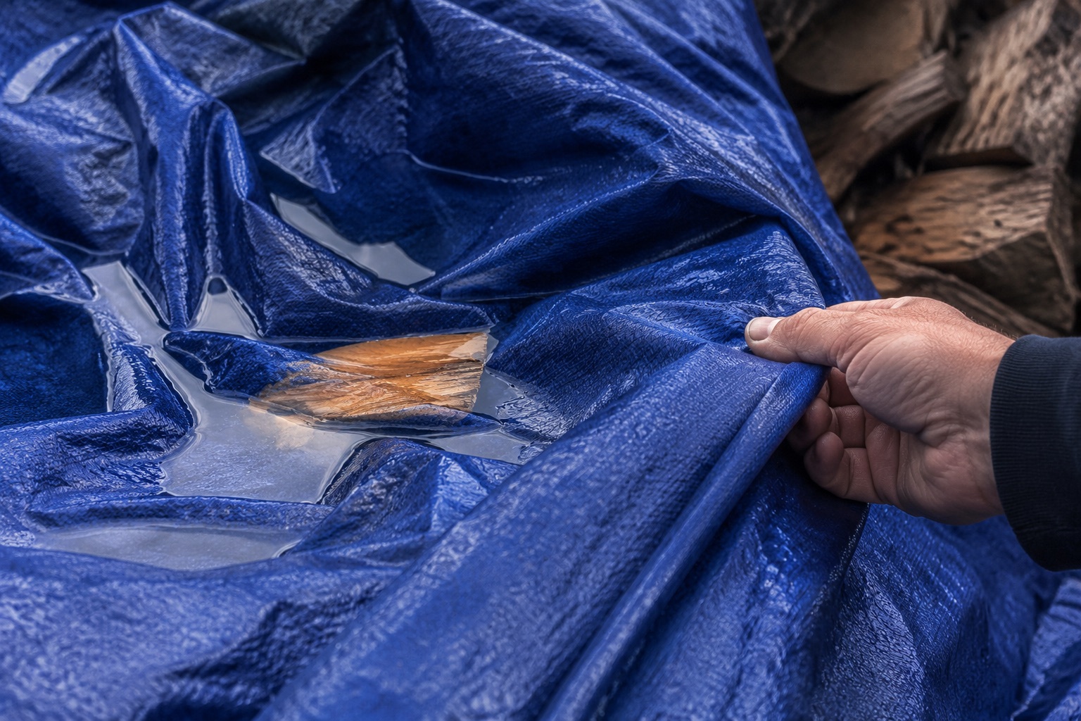 Folded tarp over firewood with puddles in each fold, hand re-folding