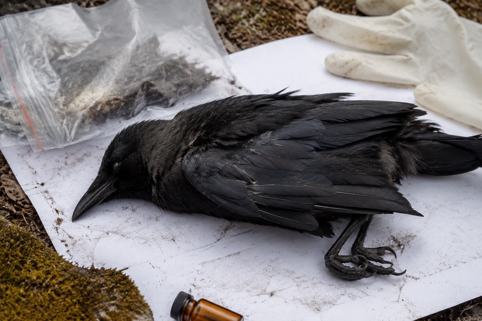 Dead crow on survey paper beside ziplock bag and gloves