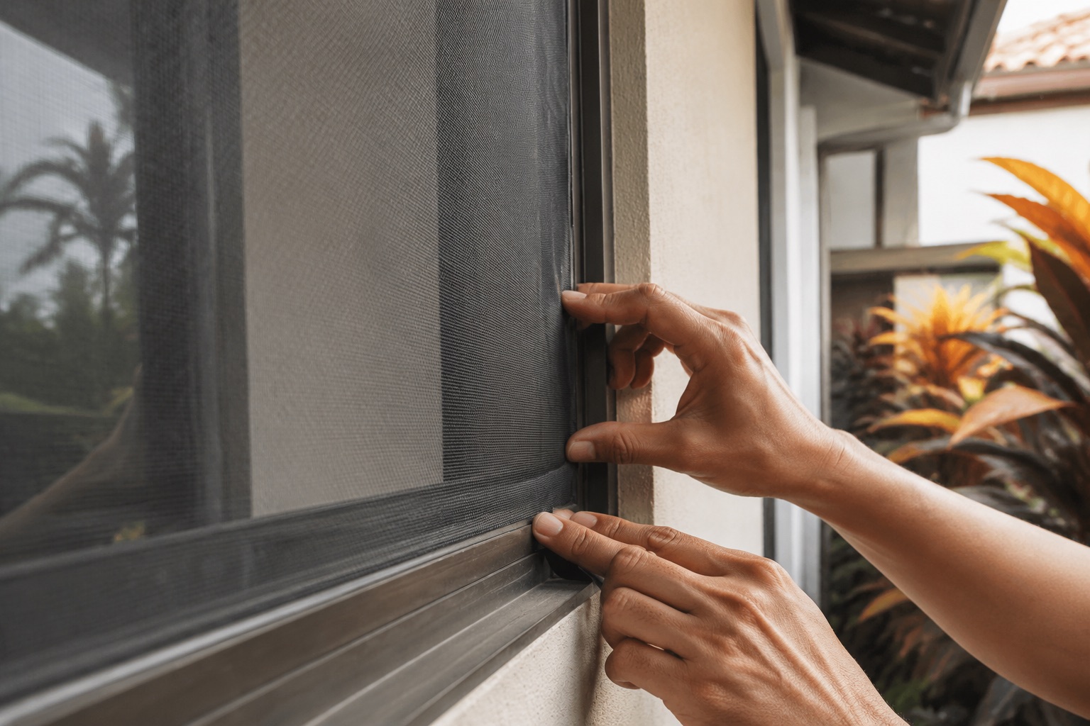 Hand pressing mesh screen onto window frame corner